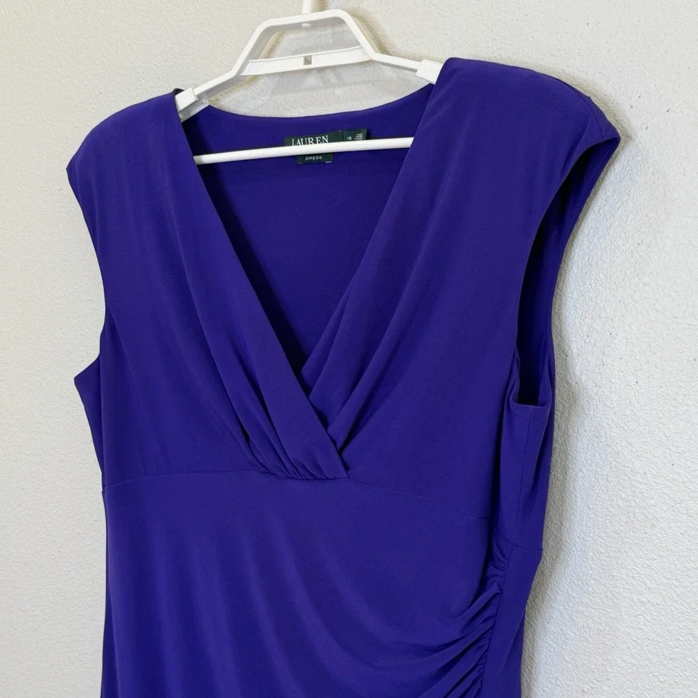 Lauren‎ Ralph Lauren Faux Wrap Dress Womens Sz 16 Purple V-Neck Cap Sleeve Lined